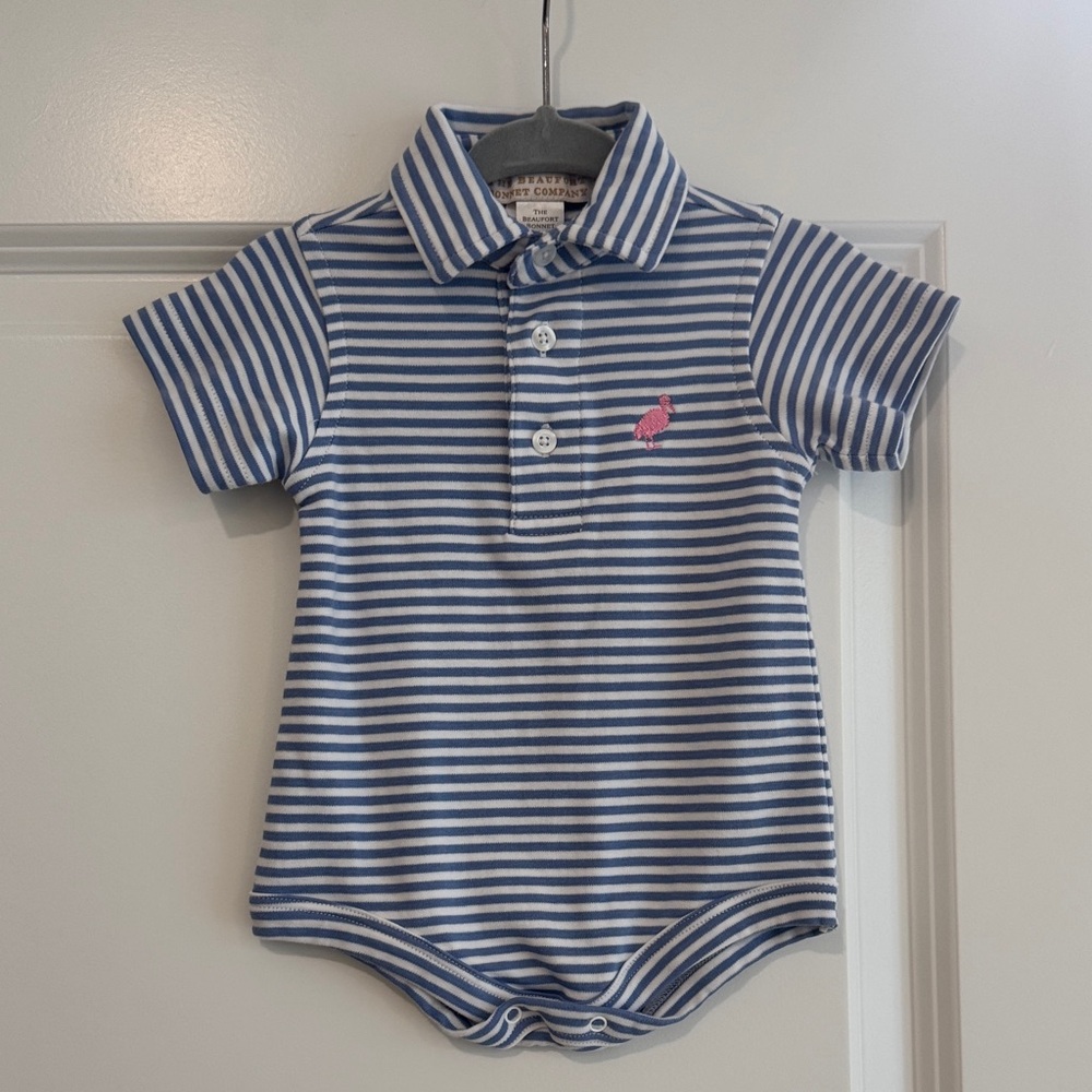 The Beaufort Bonnet Company Blue and White Striped Polo Onesie with Pink Logo